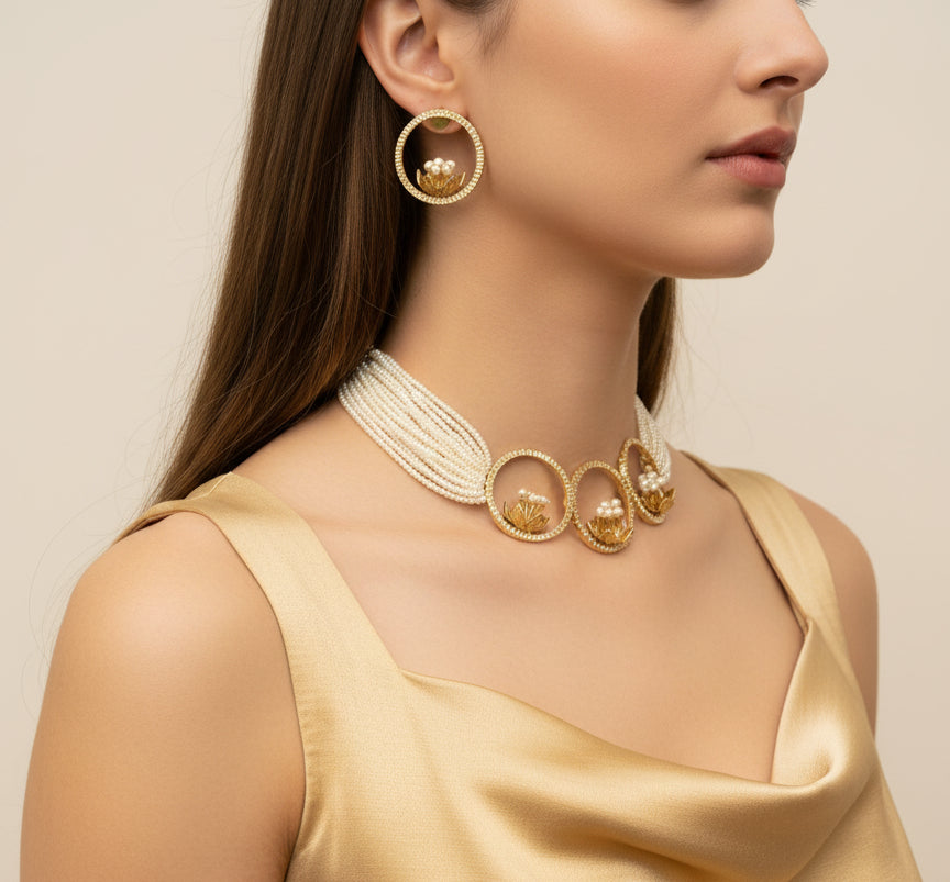 Aarya Lotus Pearl Tassel choker set