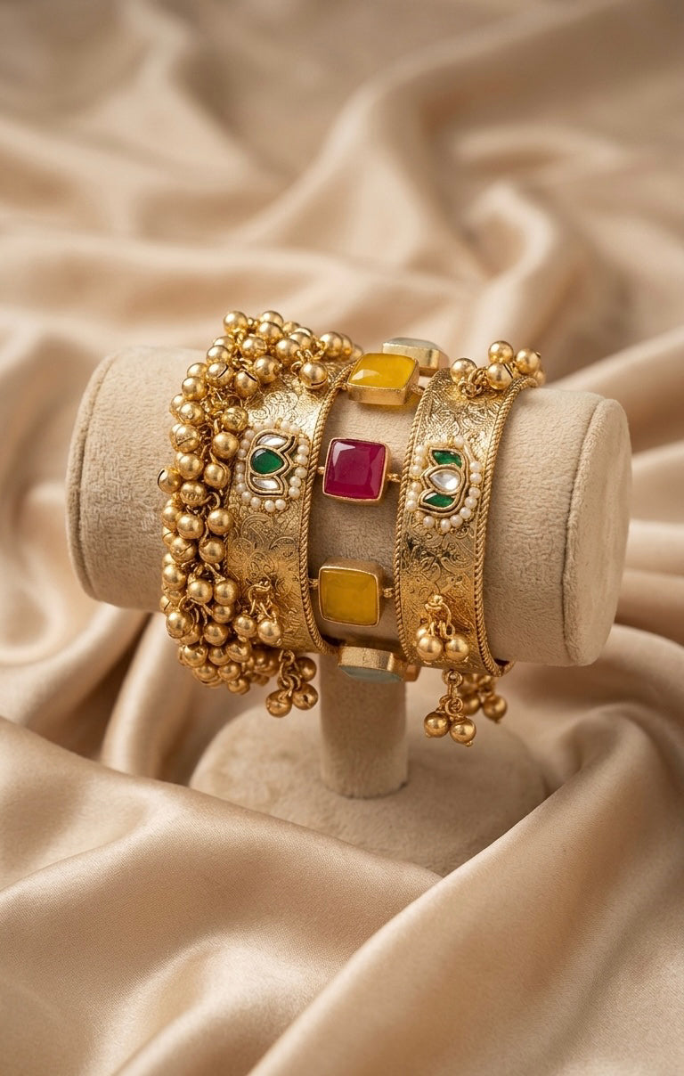 Antique Gold-Plated Embossed Kada with Ghungroo Droplets