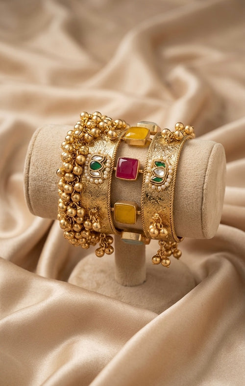 Antique Gold-Plated Embossed Kada with Ghungroo Droplets