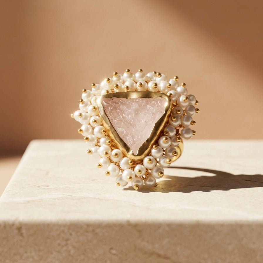 Raw Rose Quartz & Pearl Statement Ring