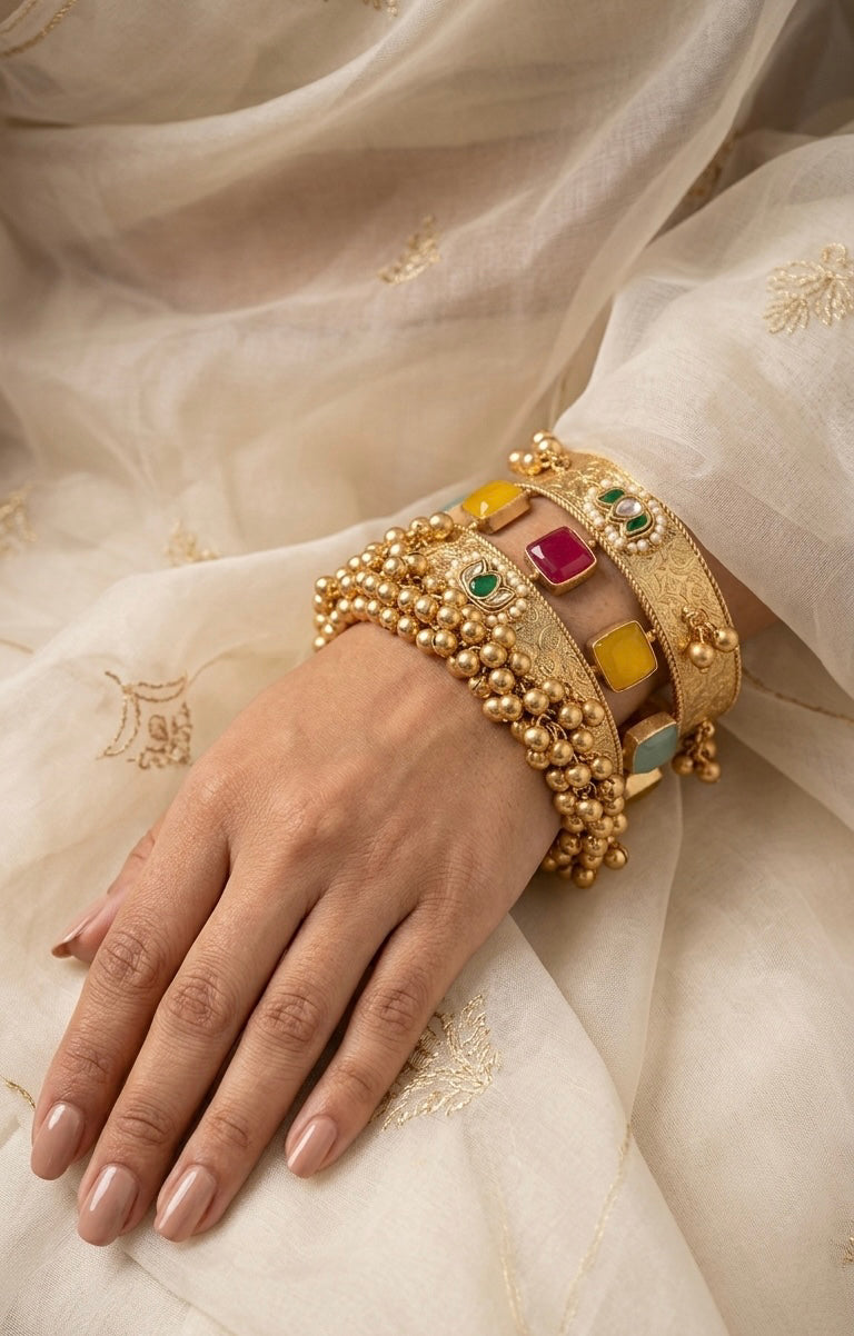 Antique Gold-Plated Embossed Kada with Ghungroo Droplets