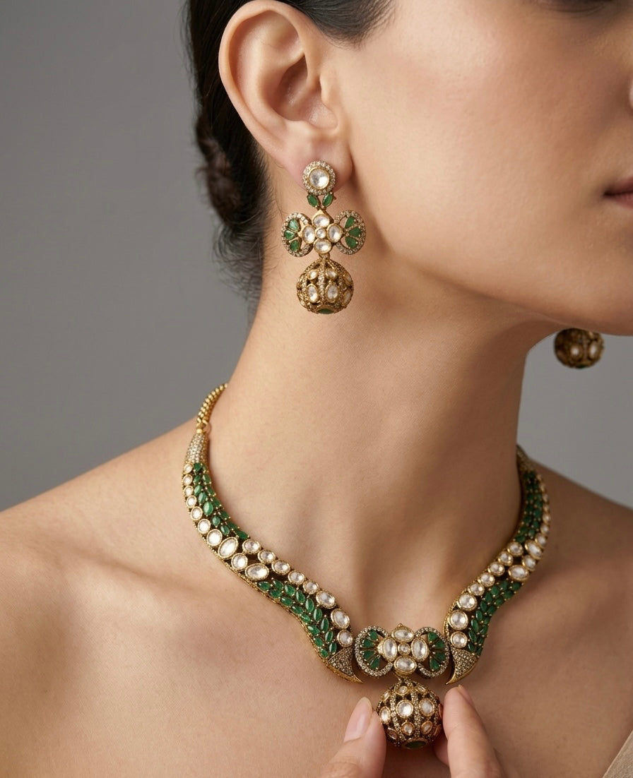 Kundan and Emerald Meenakari Choker Set