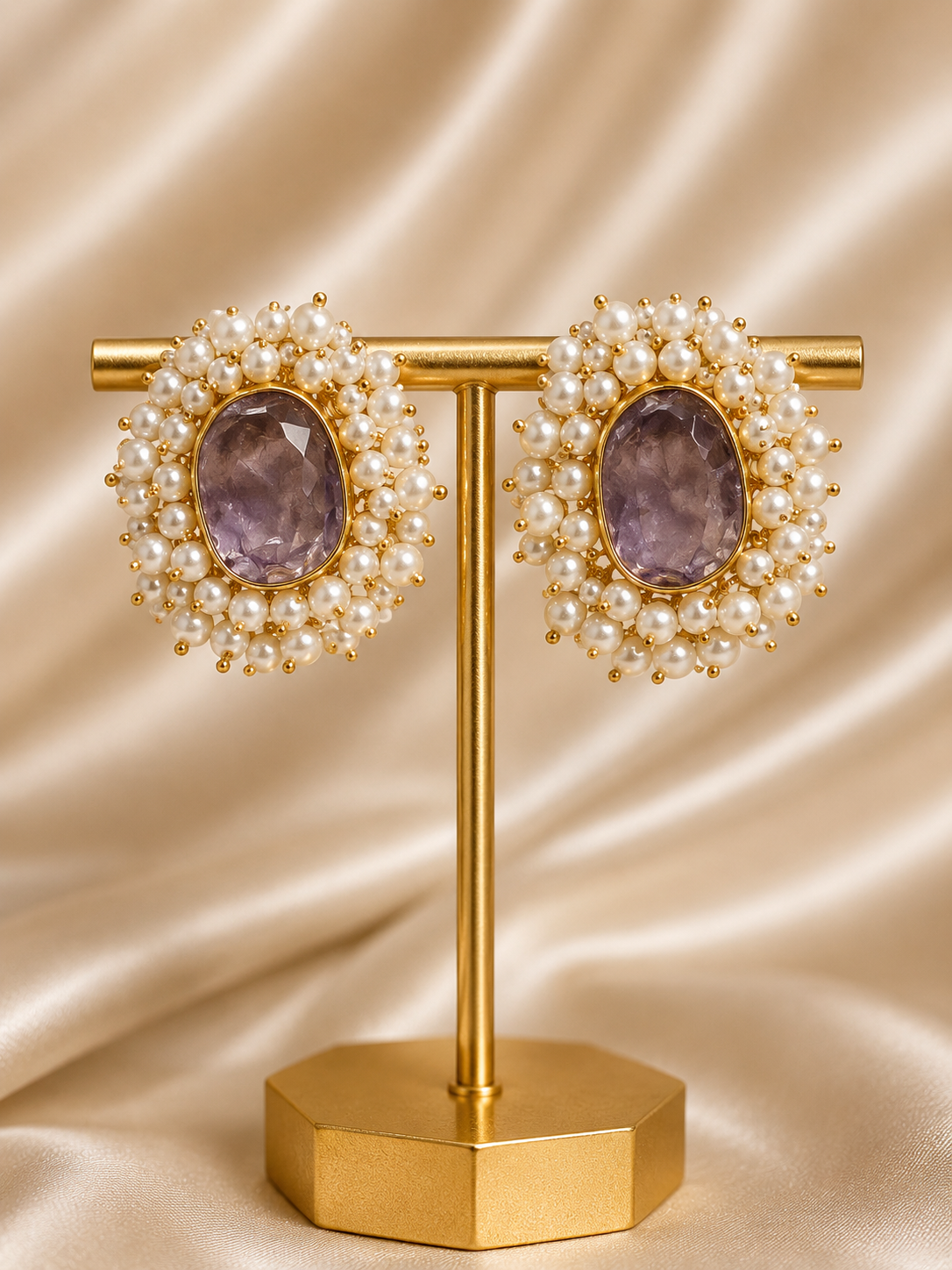 Amethyst Pearl Halo Stud Earrings
