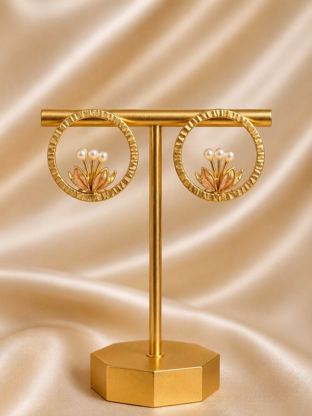 Golden Lotus Pearl Hoop Earrings