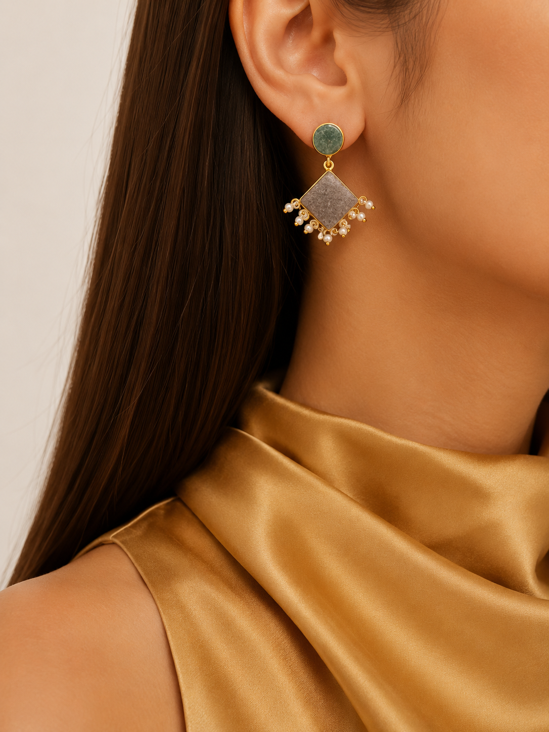 Sage Pearl Geo Drop Earrings