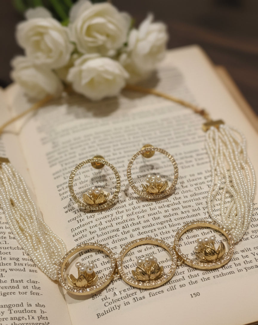 Aarya Lotus Pearl Tassel choker set