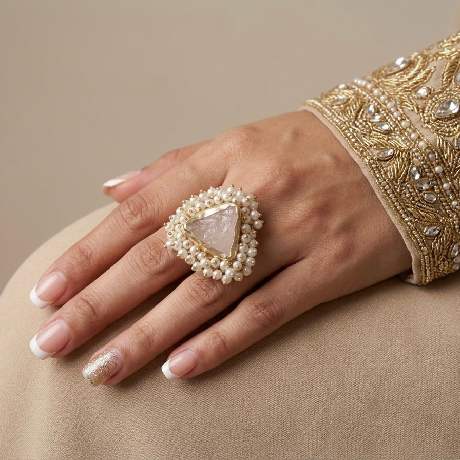Raw Rose Quartz & Pearl Statement Ring